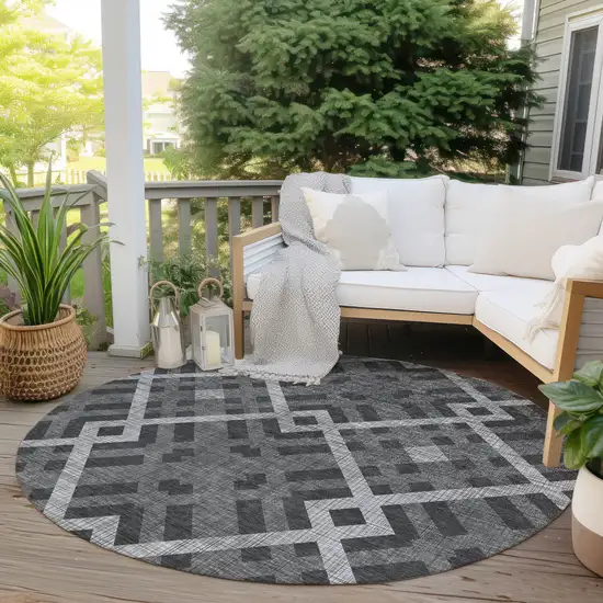 8' Charcoal Gray And Silver Round Geometric Washable Indoor Outdoor Area Rug Photo 6