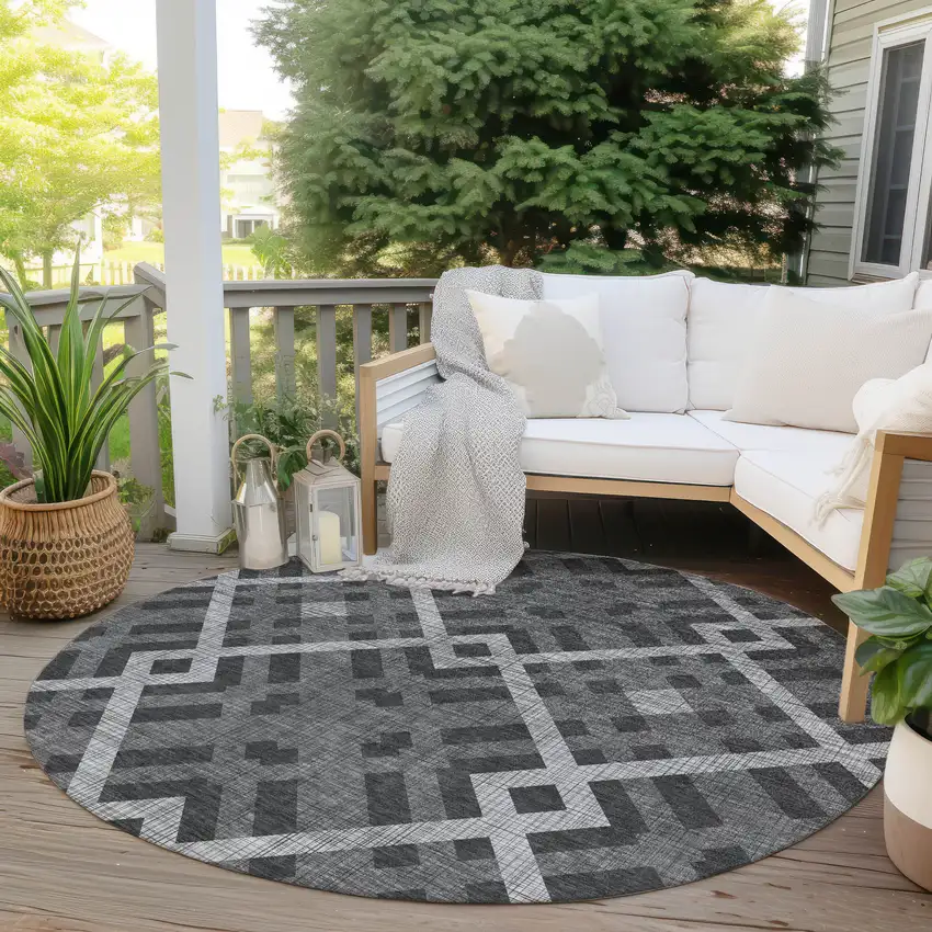 8' Charcoal Gray And Silver Round Geometric Washable Indoor Outdoor Area Rug Photo 6