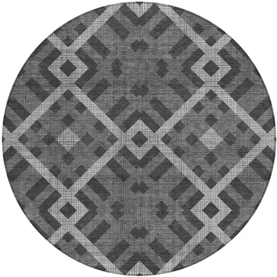 8' Charcoal Gray And Silver Round Geometric Washable Indoor Outdoor Area Rug Photo 2