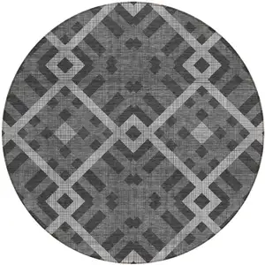 Photo of 8' Charcoal Gray And Silver Round Geometric Washable Indoor Outdoor Area Rug
