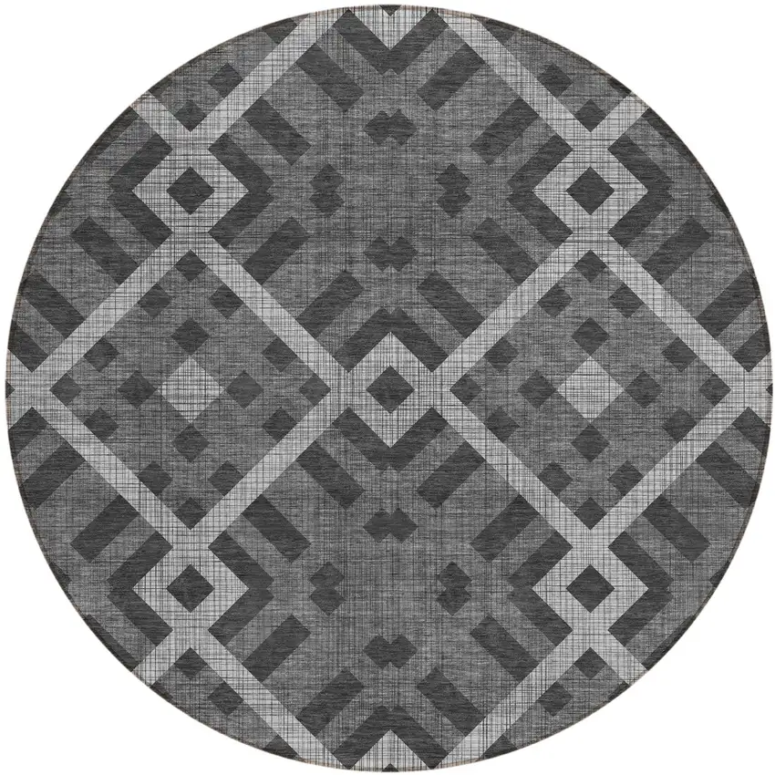 8' Charcoal Gray And Silver Round Geometric Washable Indoor Outdoor Area Rug Photo 2