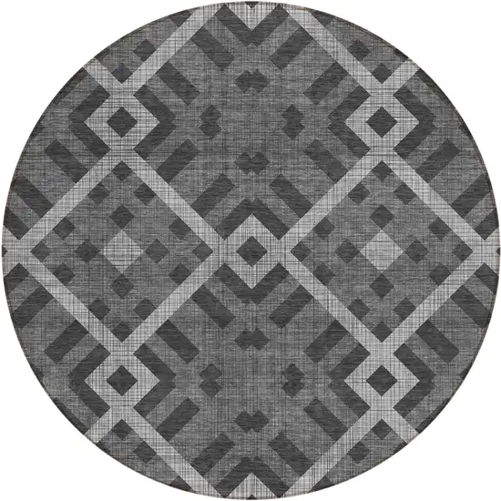 8' Charcoal Gray And Silver Round Geometric Washable Indoor Outdoor Area Rug Photo 2