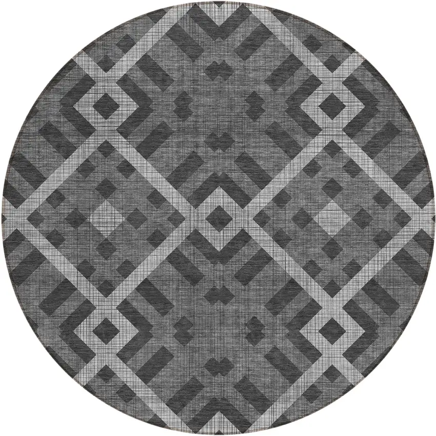 8' Charcoal Gray And Silver Round Geometric Washable Indoor Outdoor Area Rug Photo 2