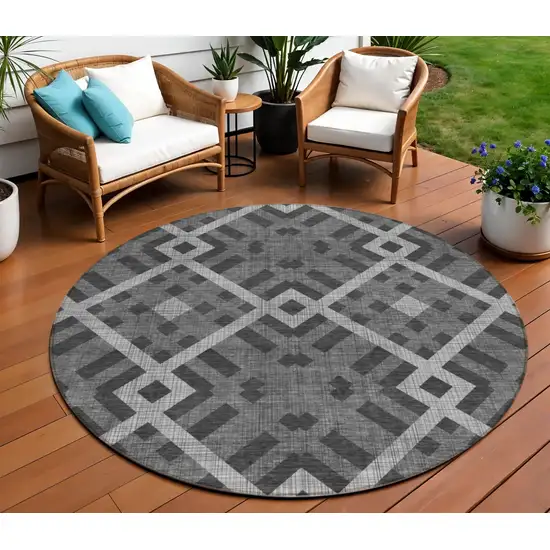 8' Charcoal Gray And Silver Round Geometric Washable Indoor Outdoor Area Rug Photo 1