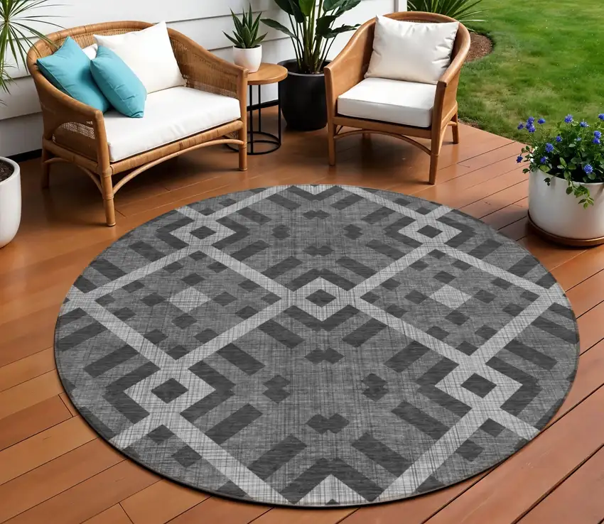 8' Charcoal Gray And Silver Round Geometric Washable Indoor Outdoor Area Rug Photo 1