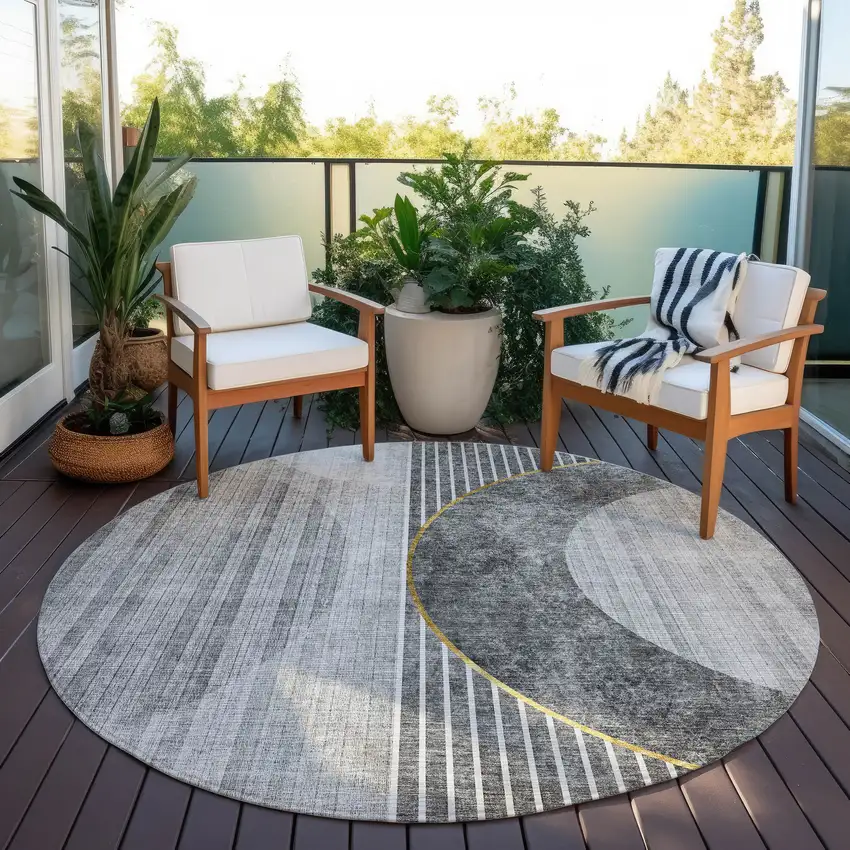 8' Charcoal Gray And Silver Round Geometric Washable Indoor Outdoor Area Rug Photo 7