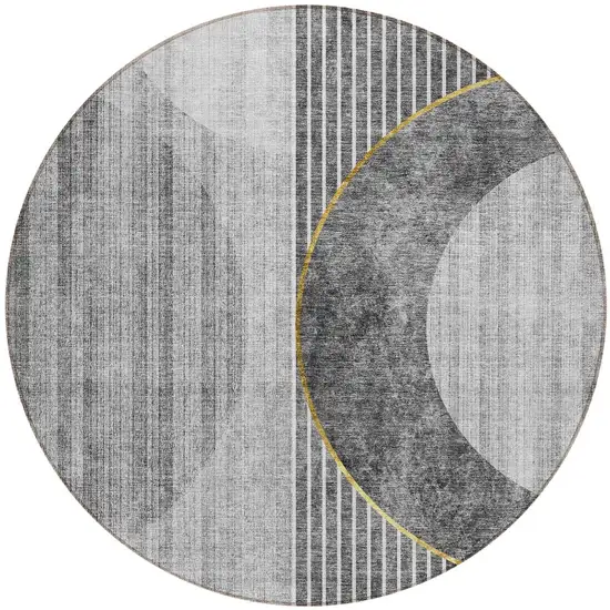 8' Charcoal Gray And Silver Round Geometric Washable Indoor Outdoor Area Rug Photo 6