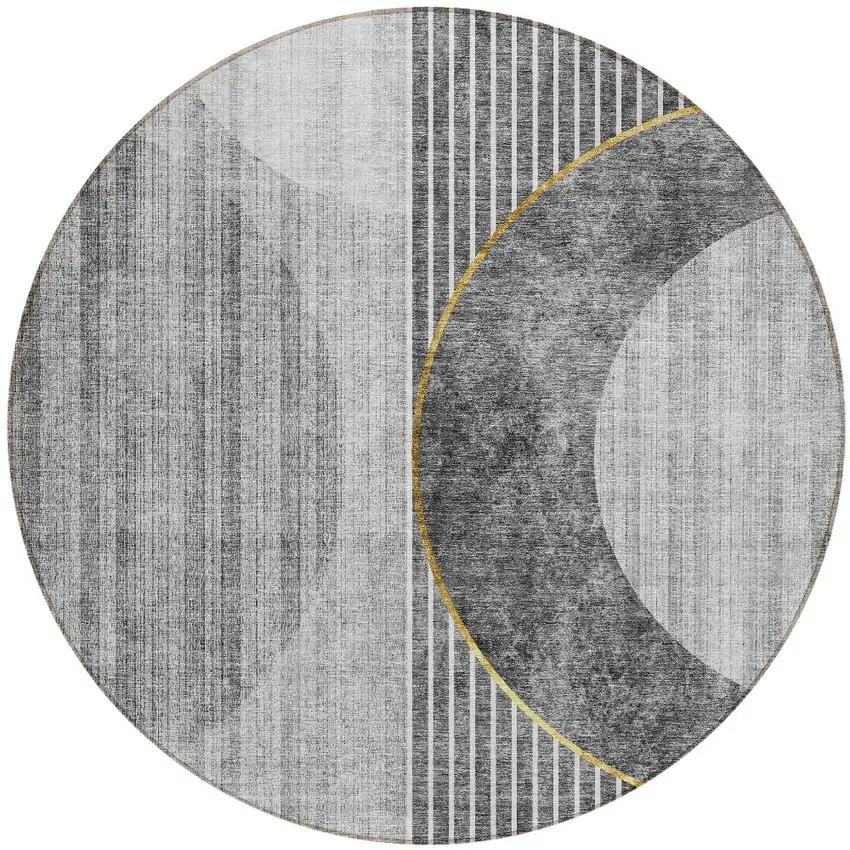 8' Charcoal Gray And Silver Round Geometric Washable Indoor Outdoor Area Rug Photo 6