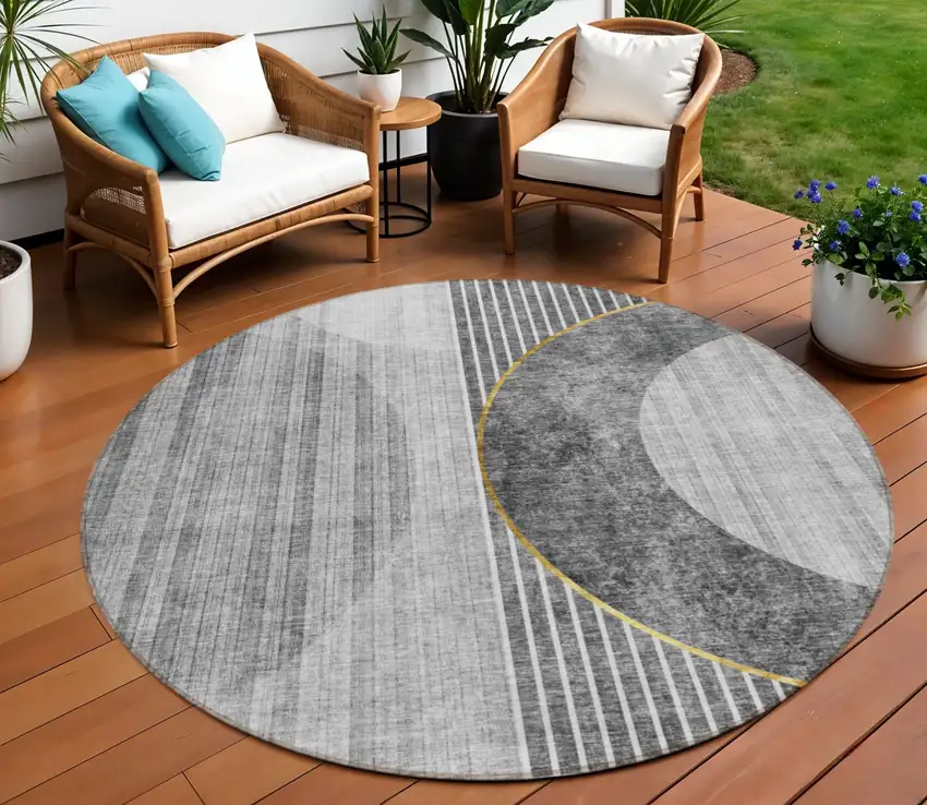 8' Charcoal Gray And Silver Round Geometric Washable Indoor Outdoor Area Rug Photo 1