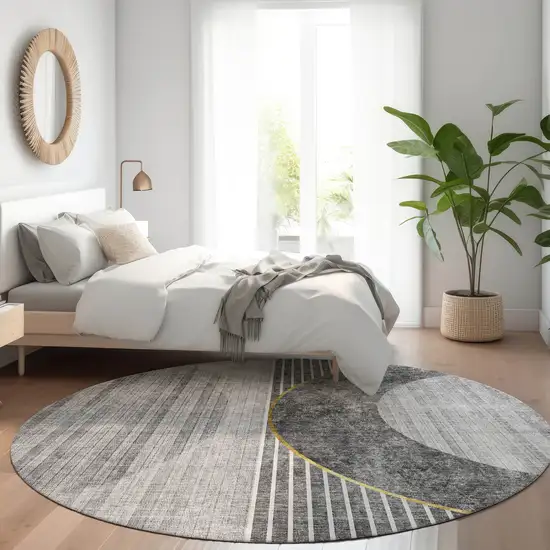 8' Charcoal Gray And Silver Round Geometric Washable Indoor Outdoor Area Rug Photo 8