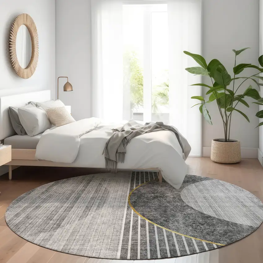 8' Charcoal Gray And Silver Round Geometric Washable Indoor Outdoor Area Rug Photo 8