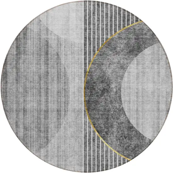 8' Charcoal Gray And Silver Round Geometric Washable Indoor Outdoor Area Rug Photo 2