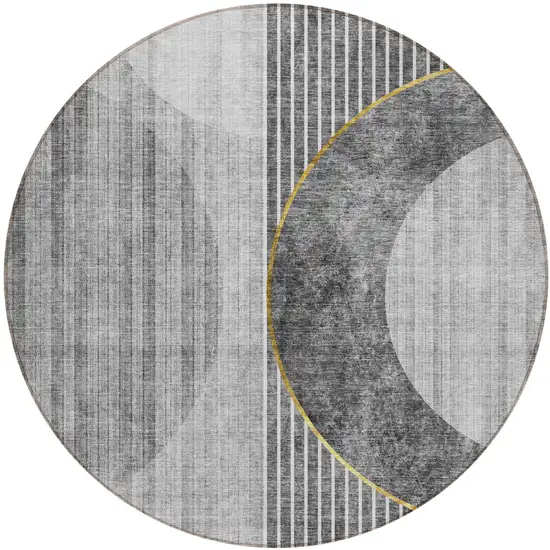 8' Charcoal Gray And Silver Round Geometric Washable Indoor Outdoor Area Rug Photo 2