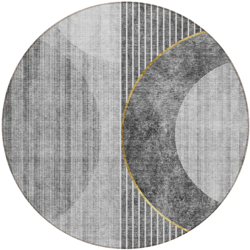 8' Charcoal Gray And Silver Round Geometric Washable Indoor Outdoor Area Rug Photo 2