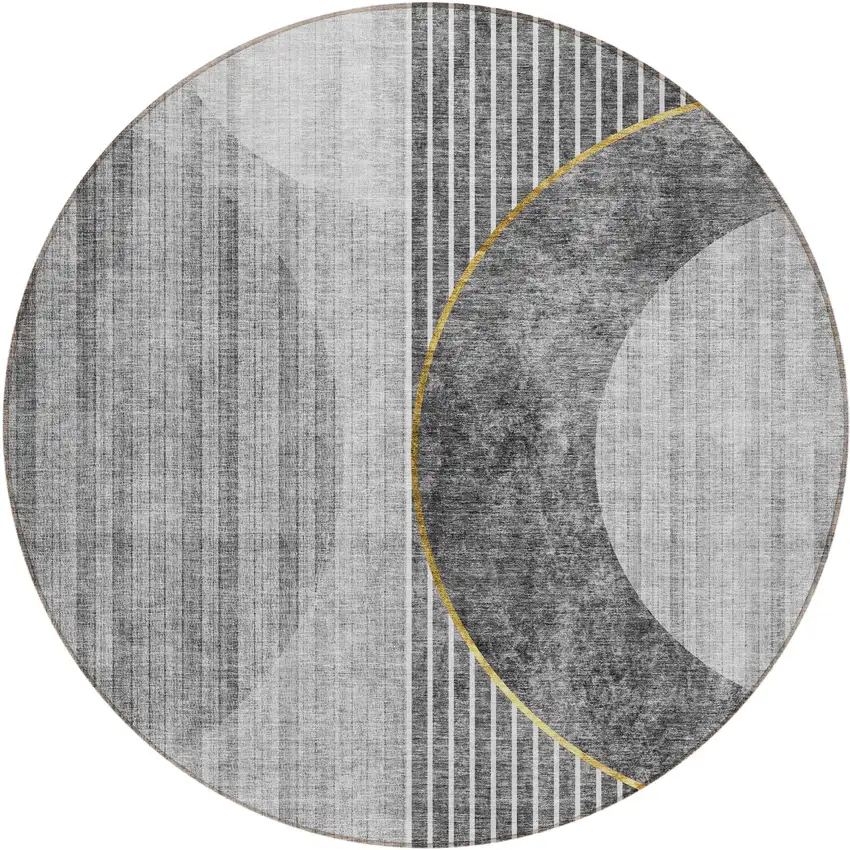 8' Charcoal Gray And Silver Round Geometric Washable Indoor Outdoor Area Rug Photo 2