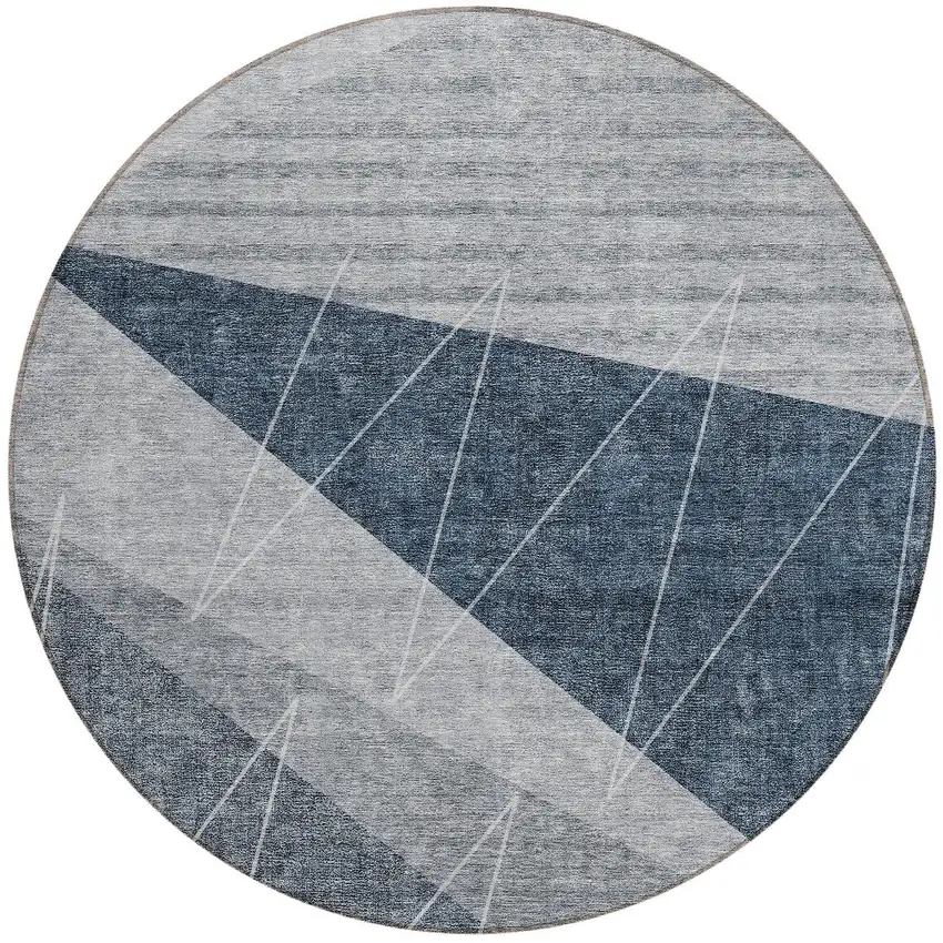8' Charcoal Gray And Silver Round Geometric Washable Indoor Outdoor Area Rug Photo 6