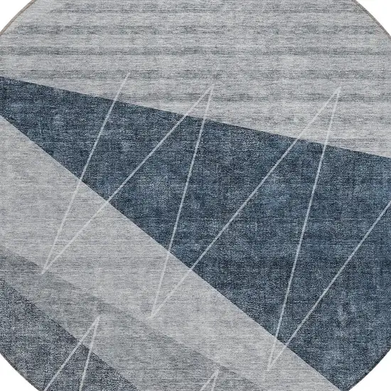 8' Charcoal Gray And Silver Round Geometric Washable Indoor Outdoor Area Rug Photo 5