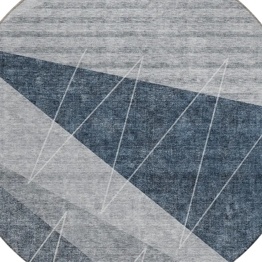 8' Charcoal Gray And Silver Round Geometric Washable Indoor Outdoor Area Rug Photo 5