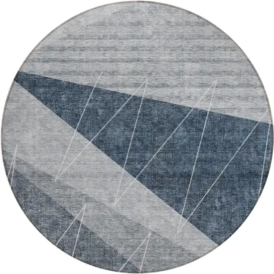 8' Charcoal Gray And Silver Round Geometric Washable Indoor Outdoor Area Rug Photo 1