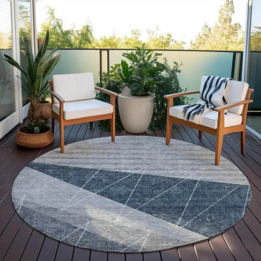 8' Charcoal Gray And Silver Round Geometric Washable Indoor Outdoor Area Rug Photo 7