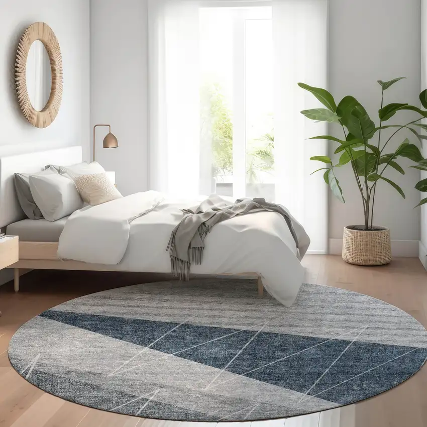 8' Charcoal Gray And Silver Round Geometric Washable Indoor Outdoor Area Rug Photo 8