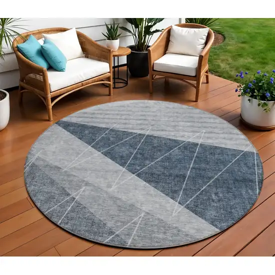 8' Charcoal Gray And Silver Round Geometric Washable Indoor Outdoor Area Rug Photo 1