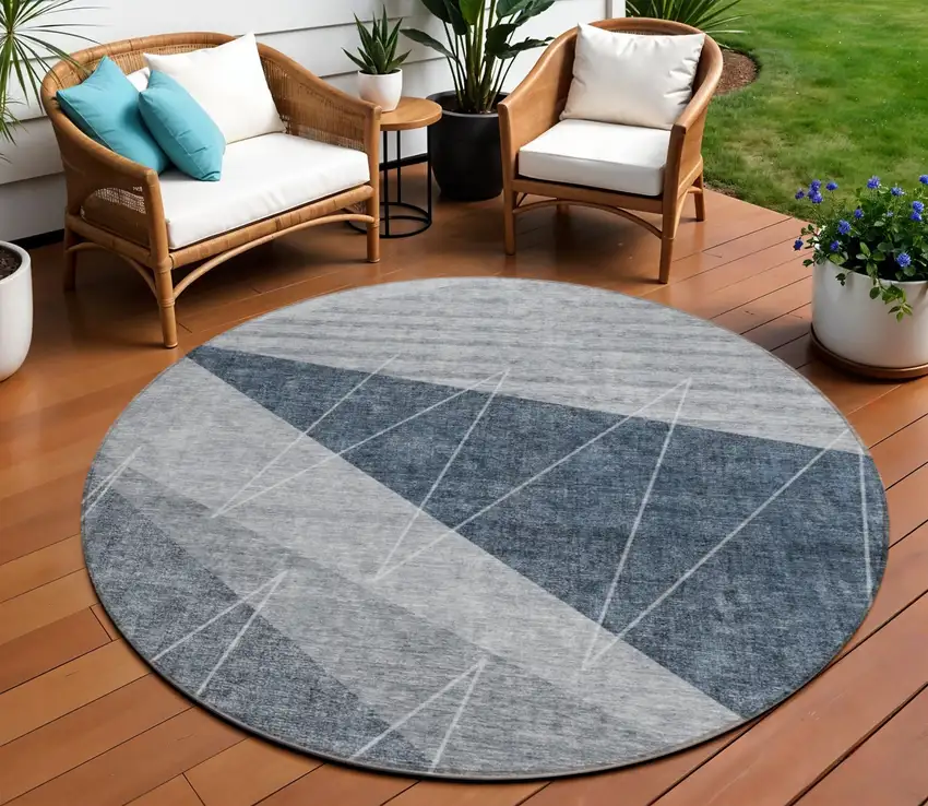 8' Charcoal Gray And Silver Round Geometric Washable Indoor Outdoor Area Rug Photo 1