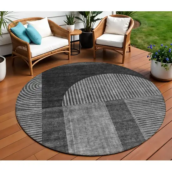8' Charcoal Gray And Silver Round Geometric Washable Indoor Outdoor Area Rug Photo 1