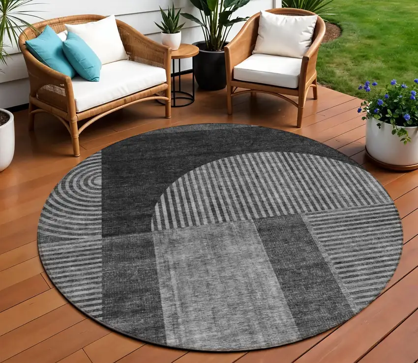 8' Charcoal Gray And Silver Round Geometric Washable Indoor Outdoor Area Rug Photo 1