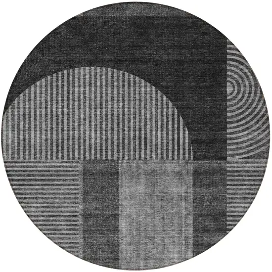 8' Charcoal Gray And Silver Round Geometric Washable Indoor Outdoor Area Rug Photo 5