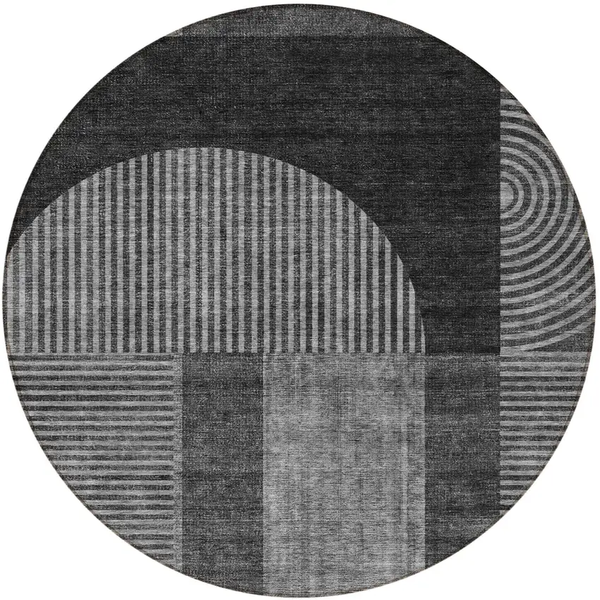 8' Charcoal Gray And Silver Round Geometric Washable Indoor Outdoor Area Rug Photo 5
