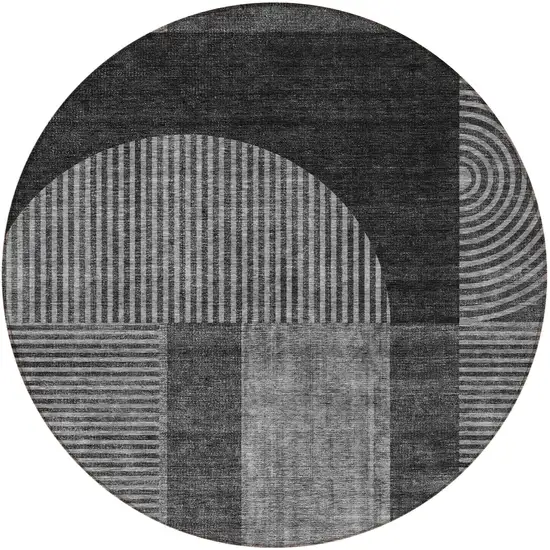 8' Charcoal Gray And Silver Round Geometric Washable Indoor Outdoor Area Rug Photo 5