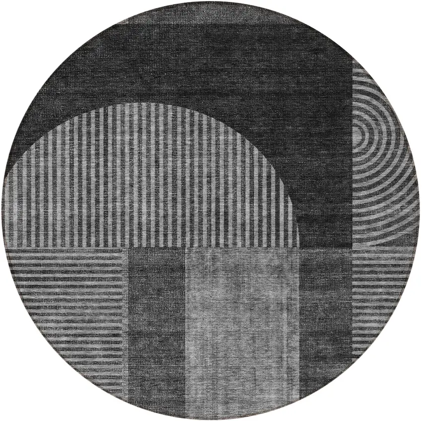 8' Charcoal Gray And Silver Round Geometric Washable Indoor Outdoor Area Rug Photo 5