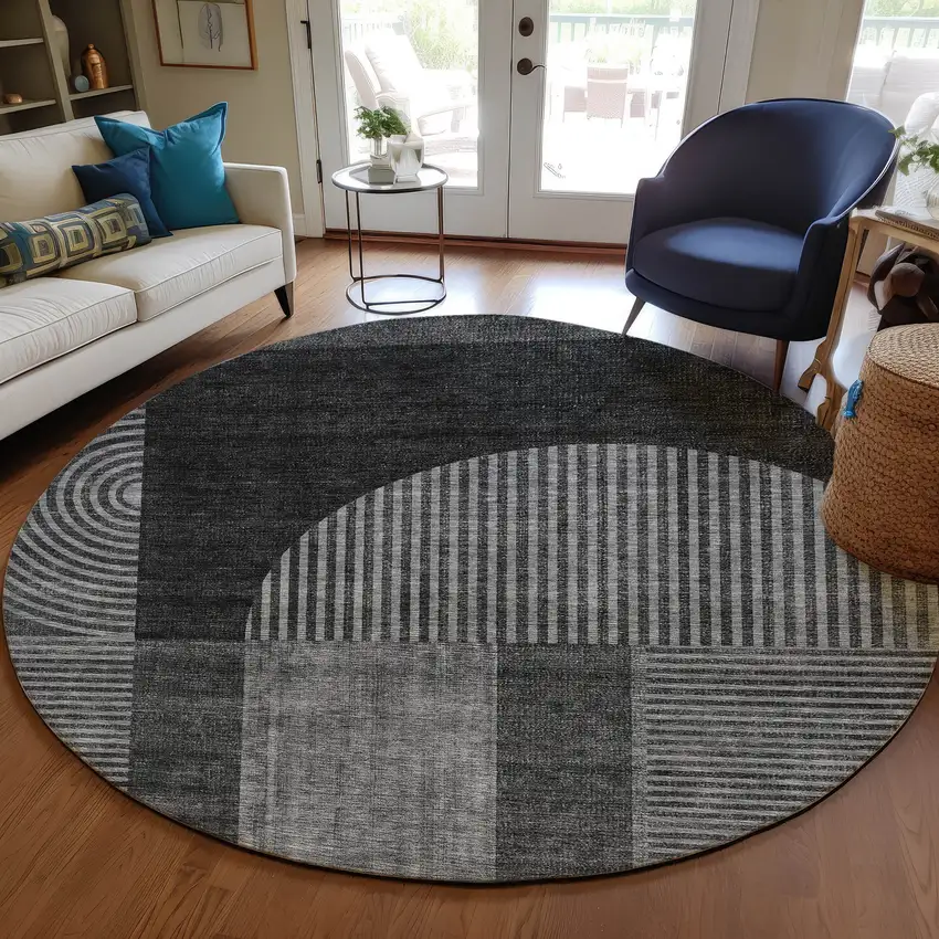 8' Charcoal Gray And Silver Round Geometric Washable Indoor Outdoor Area Rug Photo 7