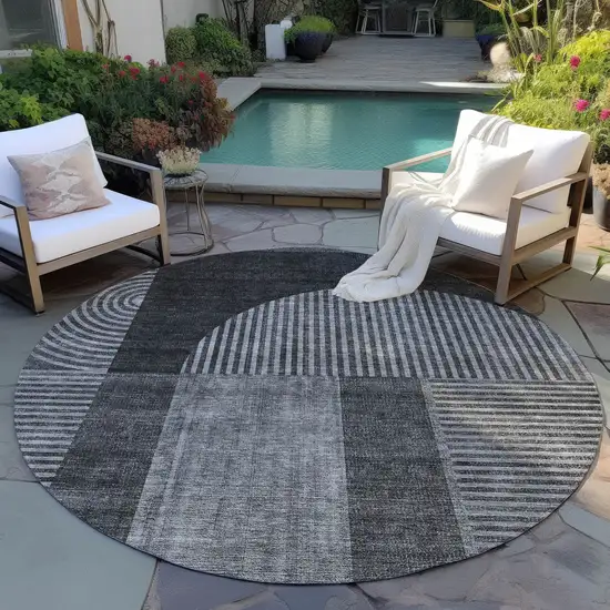 8' Charcoal Gray And Silver Round Geometric Washable Indoor Outdoor Area Rug Photo 6