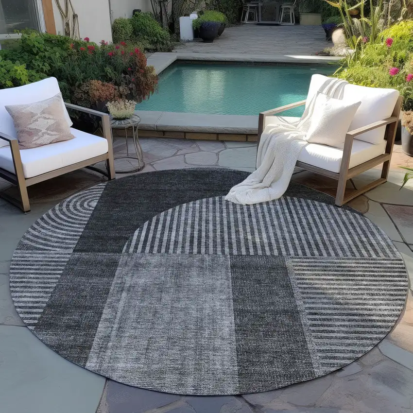 8' Charcoal Gray And Silver Round Geometric Washable Indoor Outdoor Area Rug Photo 6
