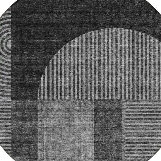 8' Charcoal Gray And Silver Round Geometric Washable Indoor Outdoor Area Rug Photo 4