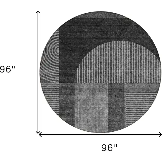 8' Charcoal Gray And Silver Round Geometric Washable Indoor Outdoor Area Rug Photo 8