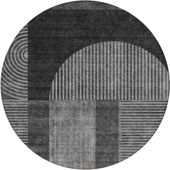 8' Charcoal Gray And Silver Round Geometric Washable Indoor Outdoor Area Rug Photo 1