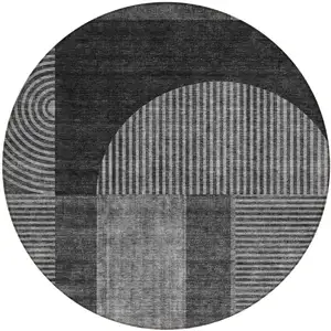 Photo of 8' Charcoal Gray And Silver Round Geometric Washable Indoor Outdoor Area Rug
