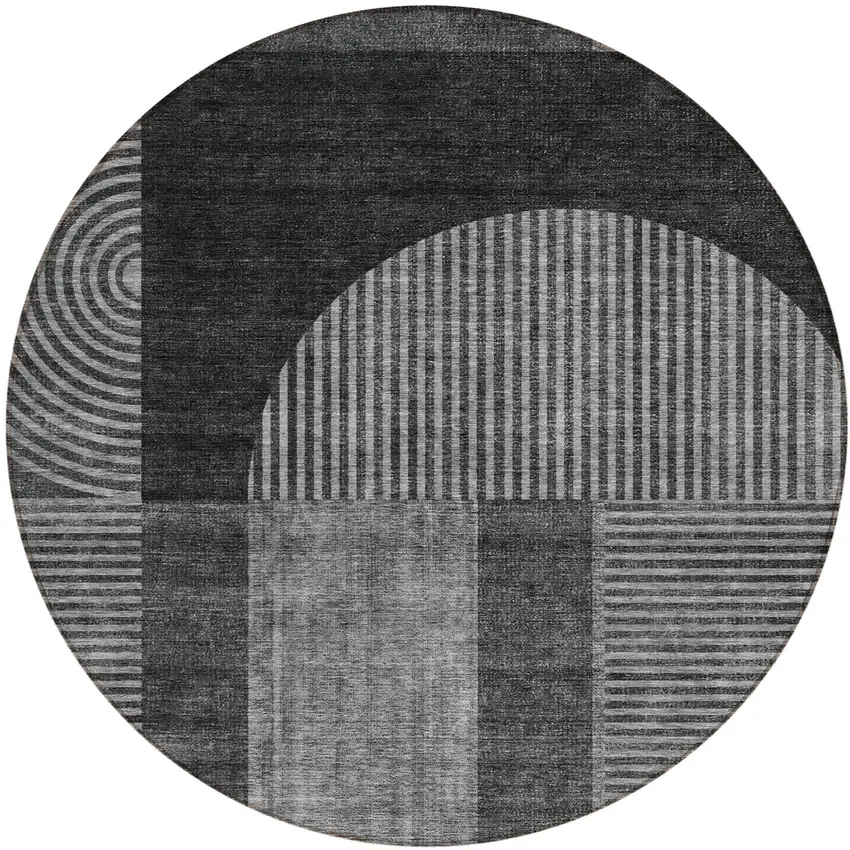 8' Charcoal Gray And Silver Round Geometric Washable Indoor Outdoor Area Rug Photo 1