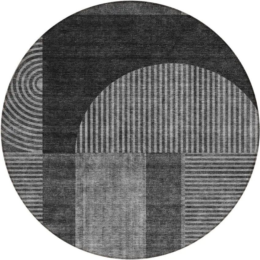8' Charcoal Gray And Silver Round Geometric Washable Indoor Outdoor Area Rug Photo 1