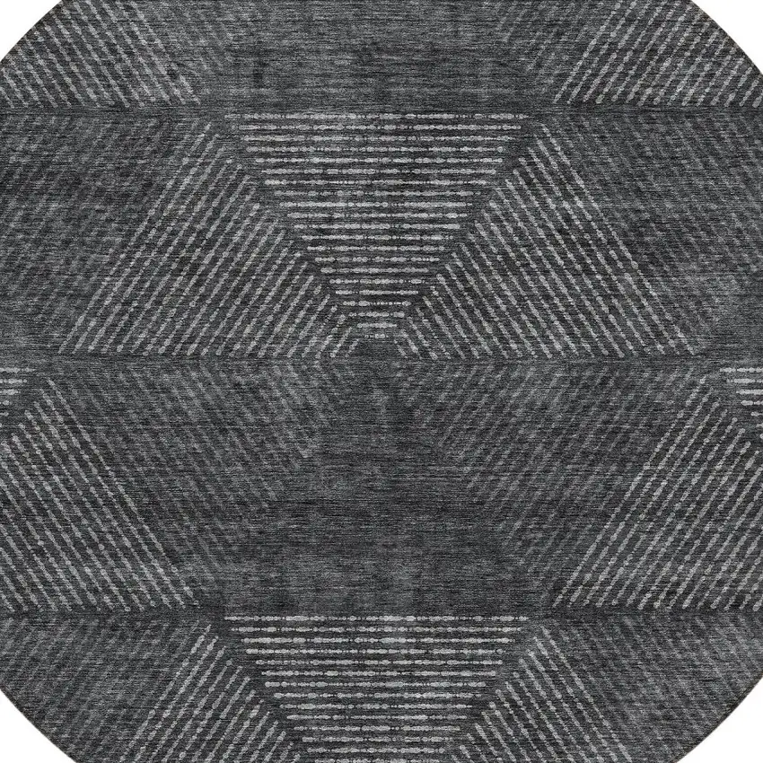 8' Charcoal Gray And Silver Round Geometric Washable Indoor Outdoor Area Rug Photo 6