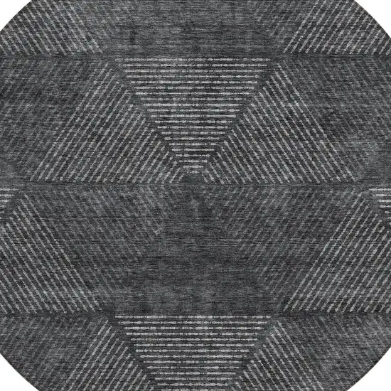 8' Charcoal Gray And Silver Round Geometric Washable Indoor Outdoor Area Rug Photo 6