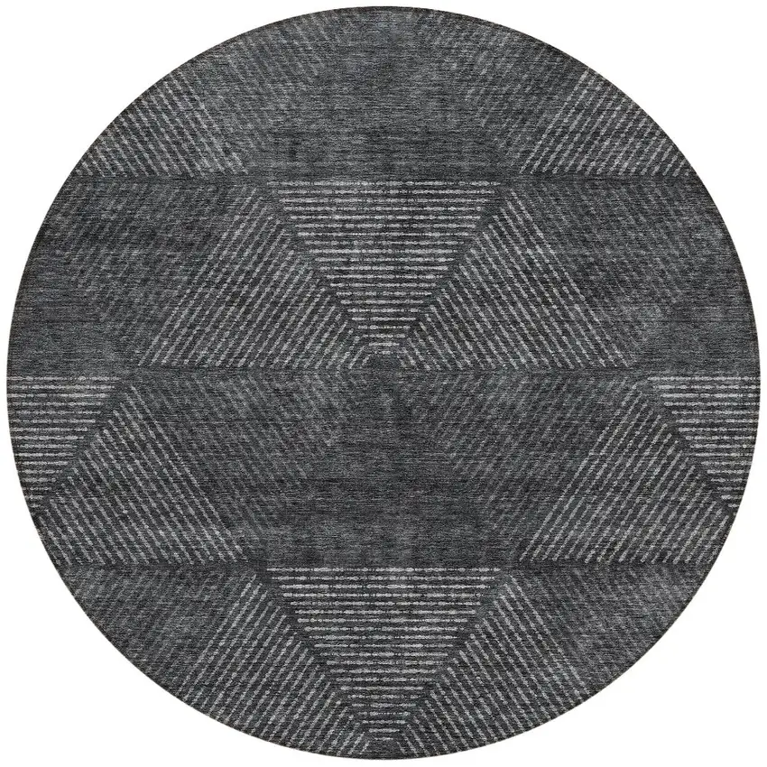 8' Charcoal Gray And Silver Round Geometric Washable Indoor Outdoor Area Rug Photo 7
