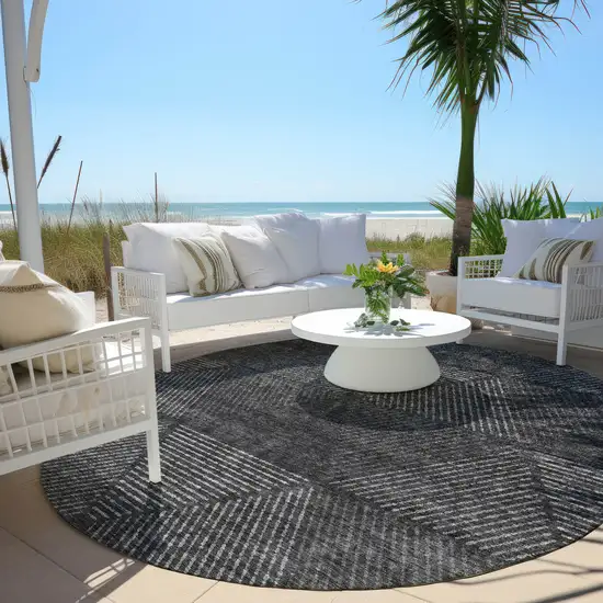 8' Charcoal Gray And Silver Round Geometric Washable Indoor Outdoor Area Rug Photo 8
