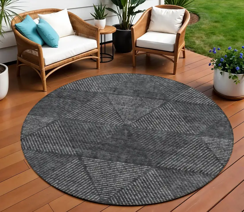 8' Charcoal Gray And Silver Round Geometric Washable Indoor Outdoor Area Rug Photo 1