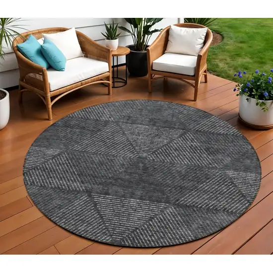 8' Charcoal Gray And Silver Round Geometric Washable Indoor Outdoor Area Rug Photo 1