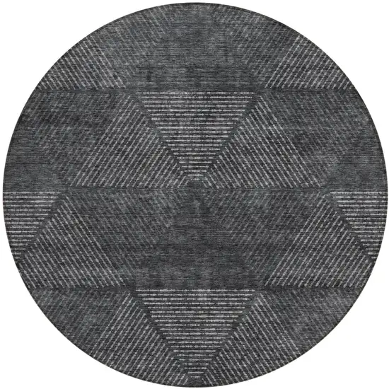 8' Charcoal Gray And Silver Round Geometric Washable Indoor Outdoor Area Rug Photo 2