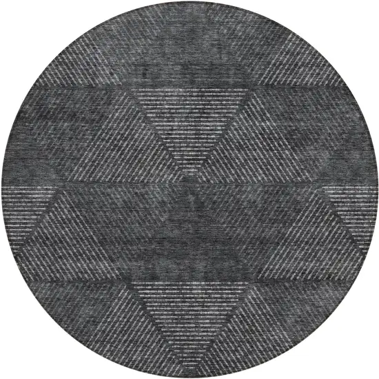 8' Charcoal Gray And Silver Round Geometric Washable Indoor Outdoor Area Rug Photo 2